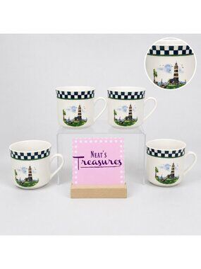 Alco LIGHTHOUSE  Black White Checks Rim Stoneware Coastal Cups Mugs Set of 4